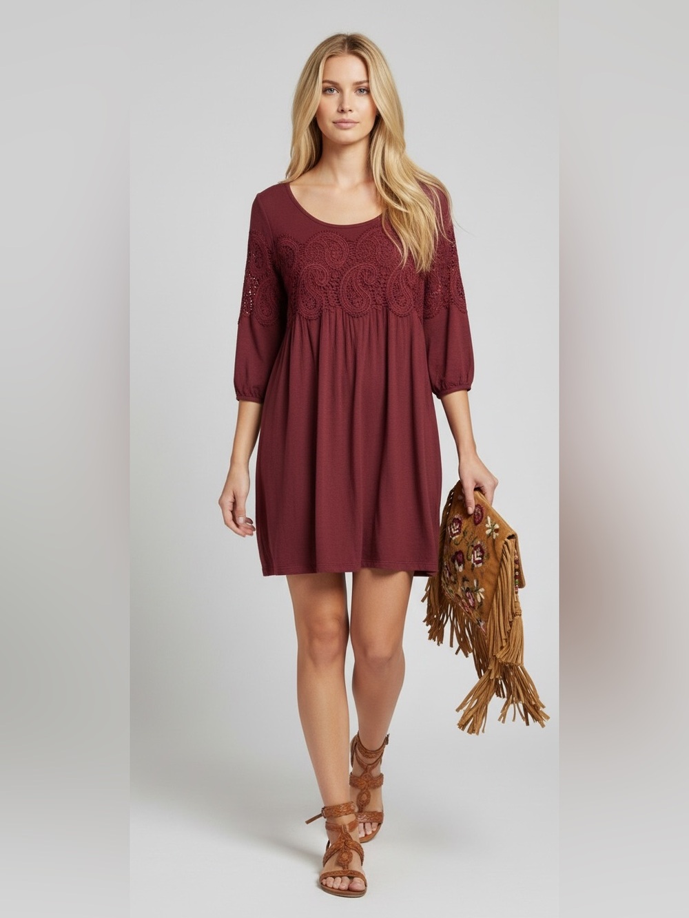 Indigo Rose Maroon Crochet Tunic Dress size medium - Picture 1 of 2